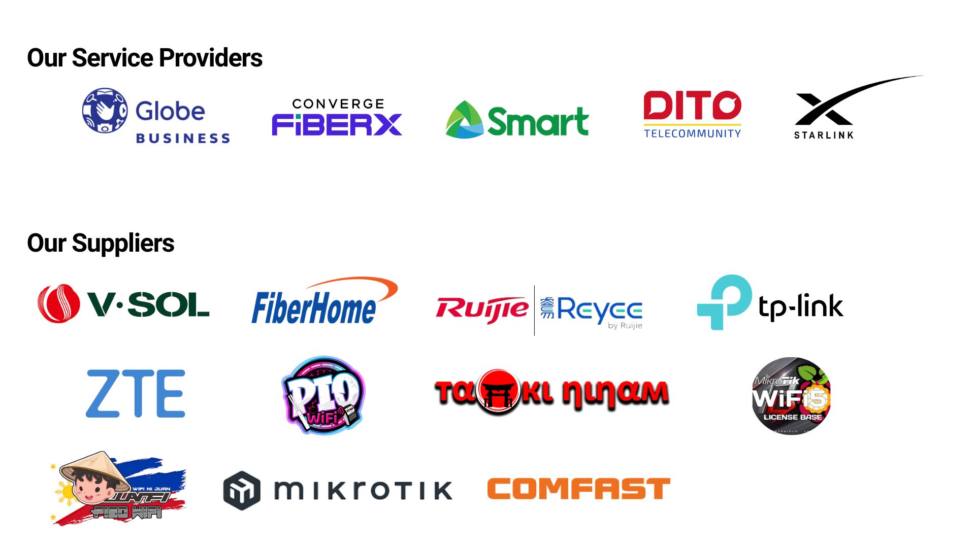 Bytes FiberNet Service Providers and Suppliers - Globe Business, Converge FiberX, Smart, DITO Telecommunity, Starlink, V.SOL, FiberHome, Rujje, Revec, TP-Link, ZTE, Rio WiFi, Taokl Ninnam, MikroTik, JASA RATA, Comfast